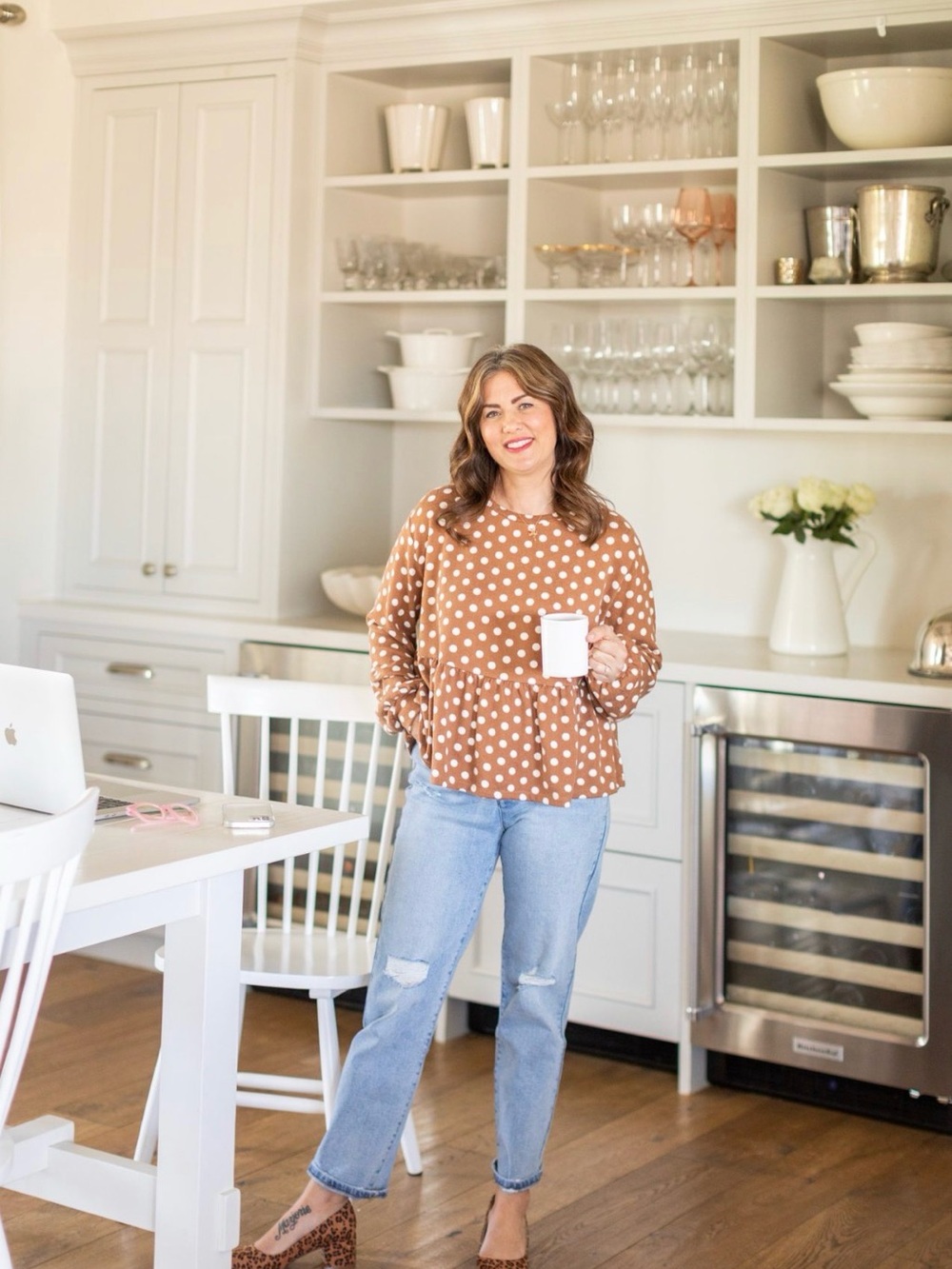 Brown Polka Dot Peplum Long-Sleeve Top